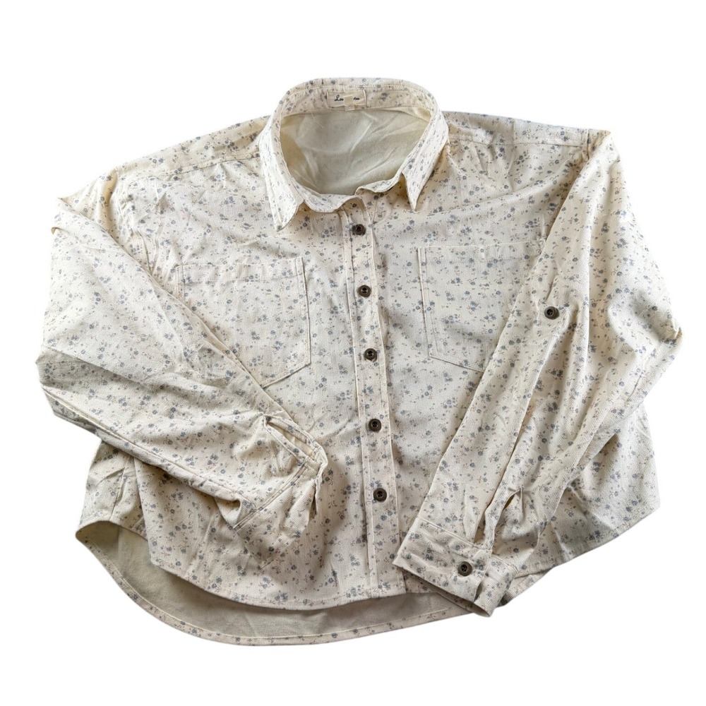 Love Notes Cream Corduroy Ditsy Floral Button Down Shirt Roll Tab Sleeve Large